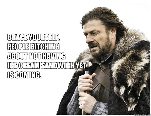 Brace yourself, 
People bitching
about not having
ice cream sandwich yet
is coming.  Imminent Ned