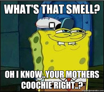 What's that smell? oh i know..your mothers coochie right..?   Spongebob