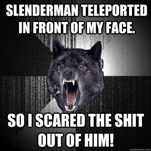 Slenderman teleported in front of my face. SO I SCARED THE SHIT OUT OF HIM!  Insanity Wolf