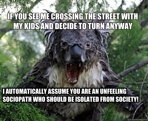 
IF YOU SEE ME CROSSING THE STREET WITH MY KIDS AND DECIDE TO TURN ANYWAY I AUTOMATICALLY ASSUME YOU ARE AN UNFEELING SOCIOPATH WHO SHOULD BE ISOLATED FROM SOCIETY! - 
IF YOU SEE ME CROSSING THE STREET WITH MY KIDS AND DECIDE TO TURN ANYWAY I AUTOMATICALLY ASSUME YOU ARE AN UNFEELING SOCIOPATH WHO SHOULD BE ISOLATED FROM SOCIETY!  Angry Koala