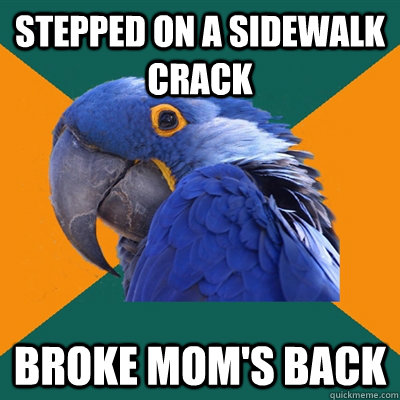 Stepped on a sidewalk crack Broke mom's back  Paranoid Parrot