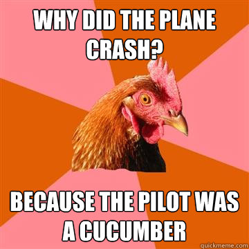 Why did the plane crash? because the pilot was a cucumber  Anti-Joke Chicken