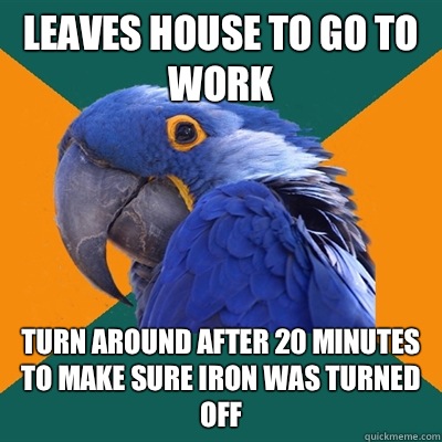 Leaves house to go to work Turn around after 20 minutes to make sure iron was turned off  Paranoid Parrot
