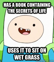 has a book containing the secrets of life uses it to sit on wet grass  Finn The Human