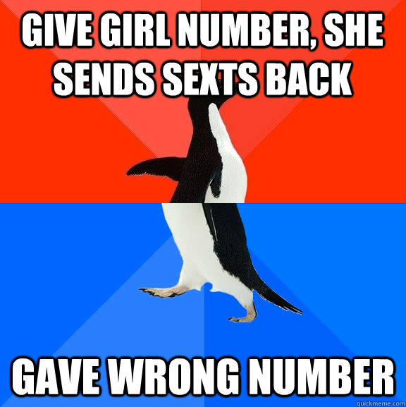 Give girl number, she sends sexts back Gave wrong number  Socially Awesome Awkward Penguin