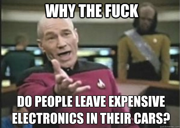 WHY THE FUCK do people leave expensive electronics in their cars?  Annoyed Pichard