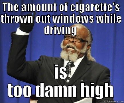 I hope this bothers other people as much as it bothers me. - THE AMOUNT OF CIGARETTE'S THROWN OUT WINDOWS WHILE DRIVING  IS TOO DAMN HIGH Too Damn High