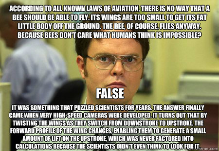 According to all known laws of aviation, there is no way that a bee should be able to fly. Its wings are too small to get its fat little body off the ground. The bee, of course, flies anyway. Because bees don't care what humans think is impossible? It was  Dwight