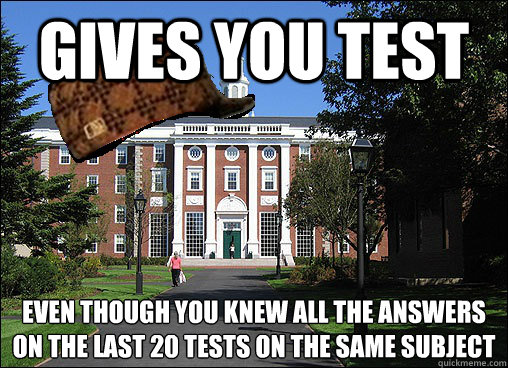 gives you test even though you knew all the answers on the last 20 tests on the same subject  Scumbag University