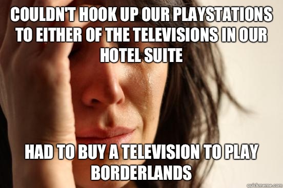 Couldn't hook up our playstations to either of the televisions in our hotel suite Had to buy a television to play borderlands  First World Problems