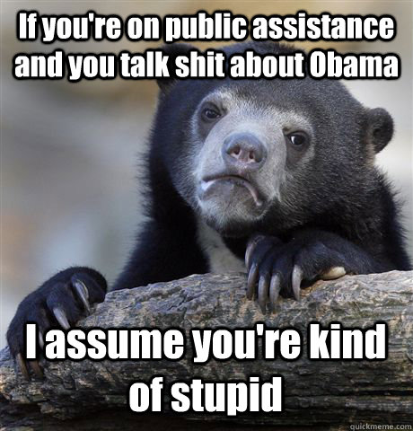 If you're on public assistance and you talk shit about Obama I assume you're kind of stupid  Confession Bear