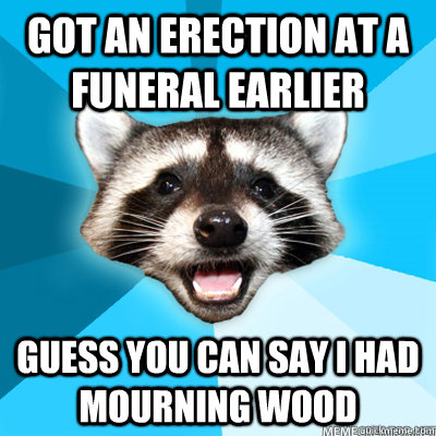 Got an erection at a funeral earlier  Guess you can say I had mourning wood  Lame Pun Coon