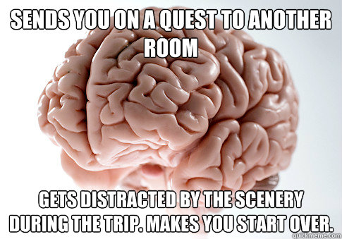 Sends you on a quest to another room Gets distracted by the scenery during the trip. Makes you start over.  Scumbag Brain