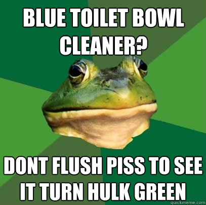 Blue toilet bowl cleaner? Dont flush piss to see it turn hulk green  Foul Bachelor Frog