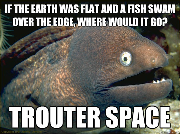 If the Earth was flat and a fish swam over the edge, where would it go?

    Trouter space.

 trouter space  Bad Joke Eel