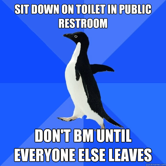 Sit down on toilet in public restroom Don't BM until everyone else leaves  Socially Awkward Penguin