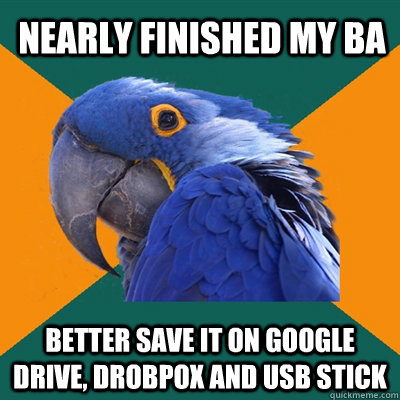 Nearly finished my ba better save it on google drive, drobpox and usb stick  Paranoid Parrot