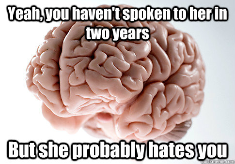 Yeah, you haven't spoken to her in two years But she probably hates you   Scumbag Brain