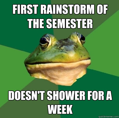 First rainstorm of the semester doesn't shower for a week  Foul Bachelor Frog