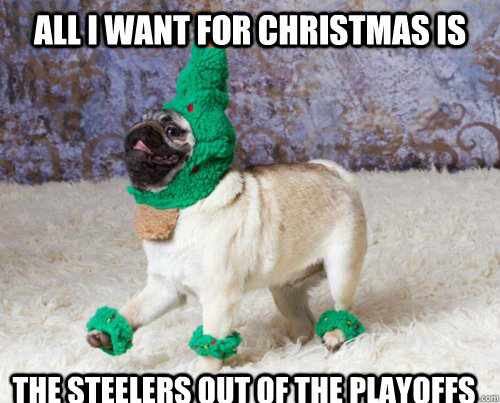 all i want for christmas is  the steelers out of the playoffs   Christmas Pug