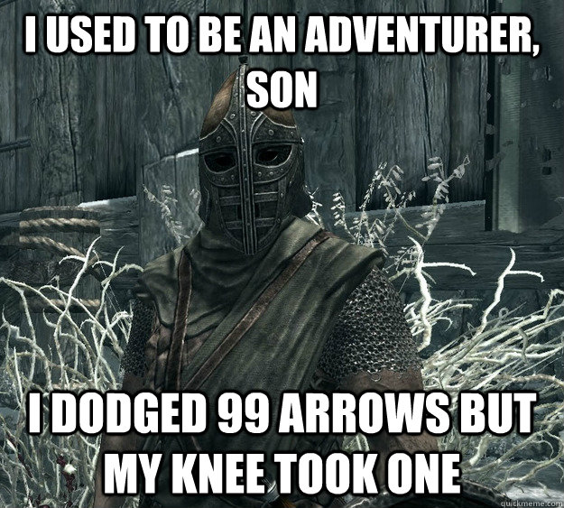 I USED TO BE AN ADVENTURER, SON I DODGED 99 ARROWS BUT MY KNEE TOOK ONE  Skyrim Guard