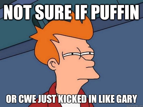 Not sure if puffin Or CWE just kicked in like Gary   Futurama Fry