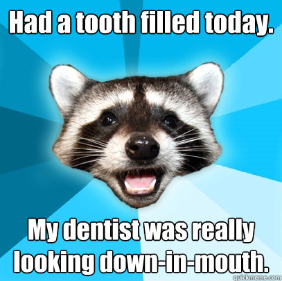 Had a tooth filled today. My dentist was really looking down-in-mouth.  Lame Pun Coon