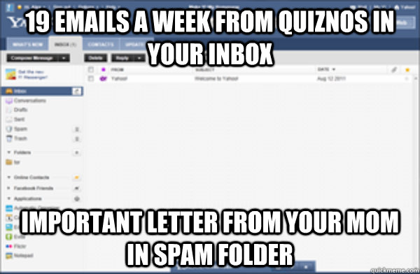 19 emails a week from quiznos in your inbox important letter from your mom in spam folder - 19 emails a week from quiznos in your inbox important letter from your mom in spam folder  Misc