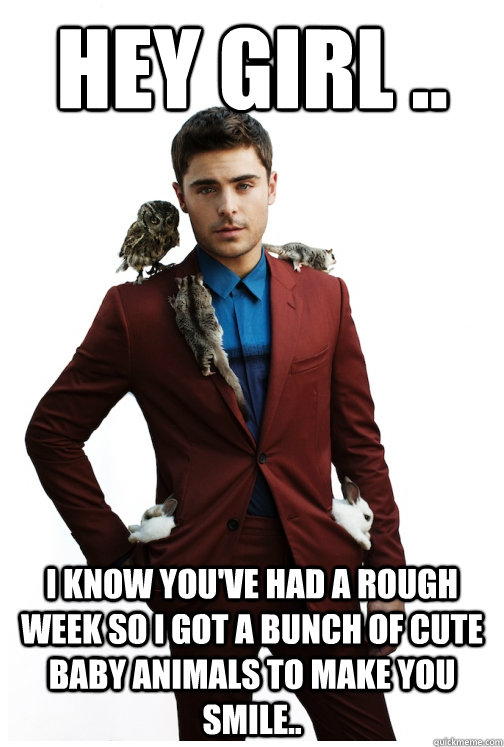 Hey girl .. I know you've had a rough week so I got a bunch of cute baby animals to make you smile.. - Hey girl .. I know you've had a rough week so I got a bunch of cute baby animals to make you smile..  Hey Girl Remix - Zac Efron