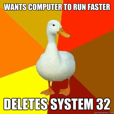 Wants computer to run faster Deletes system 32  Tech Impaired Duck