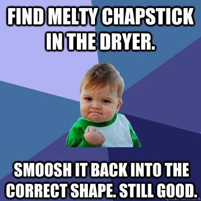Find melty chapstick in the dryer. Smoosh it back into the correct shape. Still good. - Find melty chapstick in the dryer. Smoosh it back into the correct shape. Still good.  Success Kid