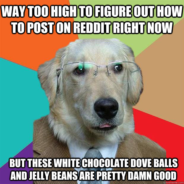 way too high to figure out how to post on reddit right now but these white chocolate dove balls and jelly beans are pretty damn good - way too high to figure out how to post on reddit right now but these white chocolate dove balls and jelly beans are pretty damn good  Business Dog