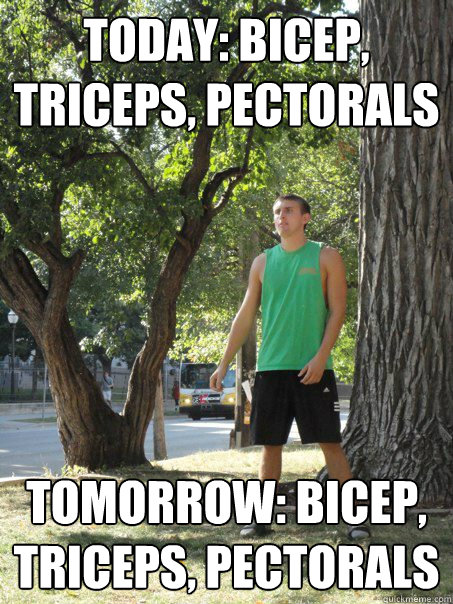 Today: Bicep, Triceps, Pectorals Tomorrow: Bicep, Triceps, Pectorals  