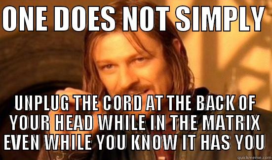 ONE DOES NOT SIMPLY  UNPLUG THE CORD AT THE BACK OF YOUR HEAD WHILE IN THE MATRIX EVEN WHILE YOU KNOW IT HAS YOU Boromir