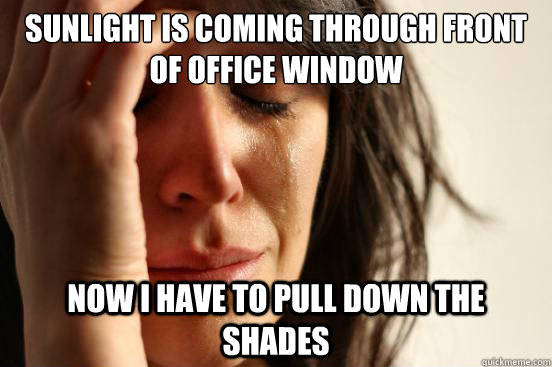 Sunlight is coming through front of office window Now I have to pull down the shades  First World Problems