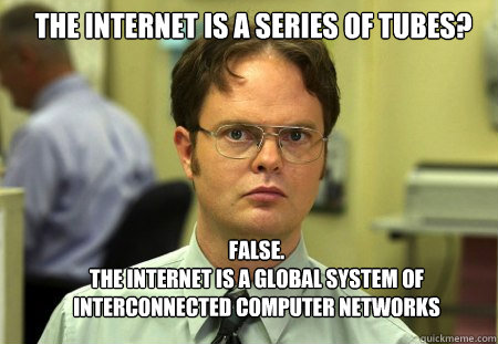 the internet is a series of tubes? false.
the internet is a global system of interconnected computer networks - the internet is a series of tubes? false.
the internet is a global system of interconnected computer networks  Schrute