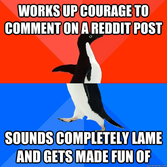 Works up courage to comment on a reddit post Sounds completely lame and gets made fun of   Socially Awesome Awkward Penguin