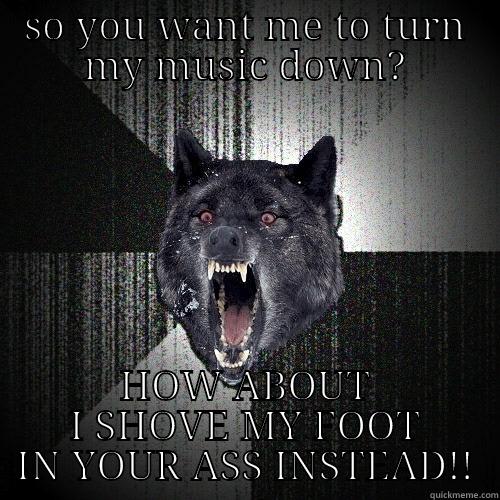 SO YOU WANT ME TO TURN MY MUSIC DOWN? HOW ABOUT I SHOVE MY FOOT IN YOUR ASS INSTEAD! Insanity Wolf