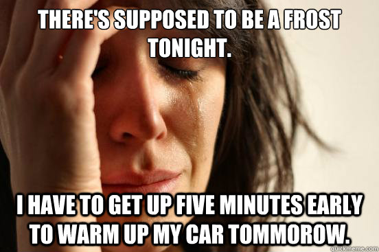 There's supposed to be a frost tonight. I have to get up five minutes early to warm up my car tommorow.  First World Problems