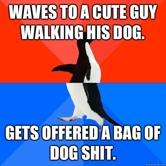 Waves to a cute guy walking his dog.  Gets offered a bag of dog shit.   Socially Awesome Awkward Penguin