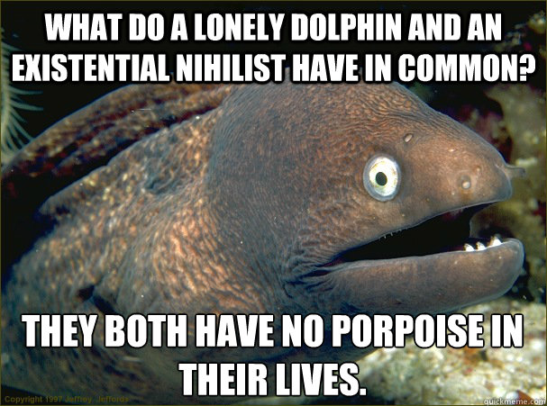 What do a lonely dolphin and an existential nihilist have in common?  They both have no porpoise in their lives.  Bad Joke Eel