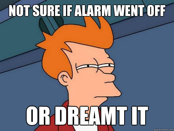 Not sure if alarm went off
  or dreamt it  Futurama Fry