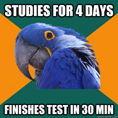 Studies for 4 days finishes test in 30 min  Paranoid Parrot