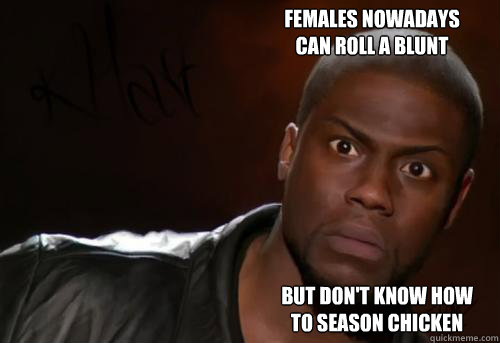 FEMALES NOWADAYS 
CAN ROLL A BLUNT  BUT DON'T KNOW HOW TO SEASON CHICKEN - FEMALES NOWADAYS 
CAN ROLL A BLUNT  BUT DON'T KNOW HOW TO SEASON CHICKEN  Kevin Hart Yo