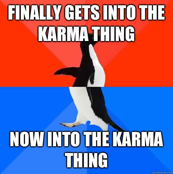 Finally gets into the karma thing Now into the karma thing  Socially Awesome Awkward Penguin