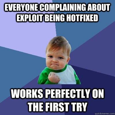 Everyone complaining about exploit being hotfixed Works perfectly on the first try - Everyone complaining about exploit being hotfixed Works perfectly on the first try  Success Kid