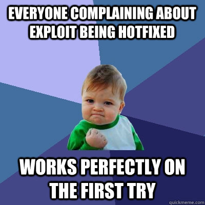 Everyone complaining about exploit being hotfixed Works perfectly on the first try  Success Kid