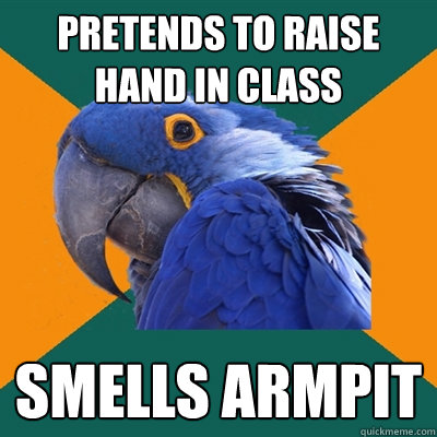 pretends to raise hand in class smells armpit  Paranoid Parrot
