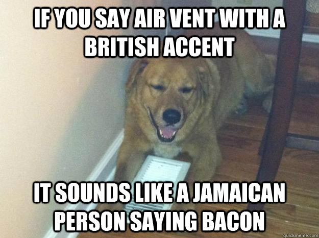 If you say air vent with a british accent it sounds like a Jamaican person saying bacon  Really High Dog