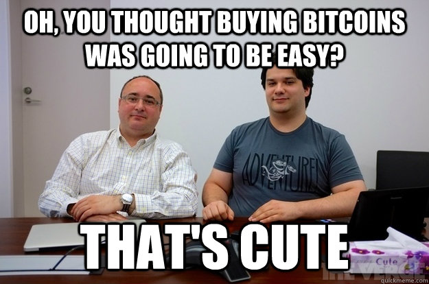 Oh, you thought buying bitcoins was going to be easy? That's cute - Oh, you thought buying bitcoins was going to be easy? That's cute  Smug Bitcoiner